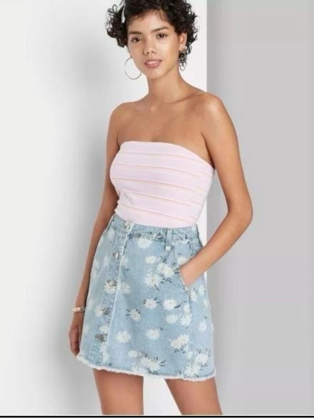 Wild Fable Light Blue Denim Floral Daisy Skirt